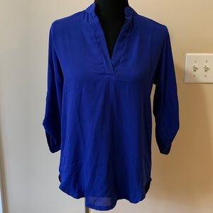 EUC Women’s Royal Blue Collared Sheer V-Neck Flowy Top